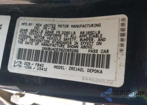 2009 Toyota Corolla Le из США, поврежденный, VIN 1NXBU40E39Z085286